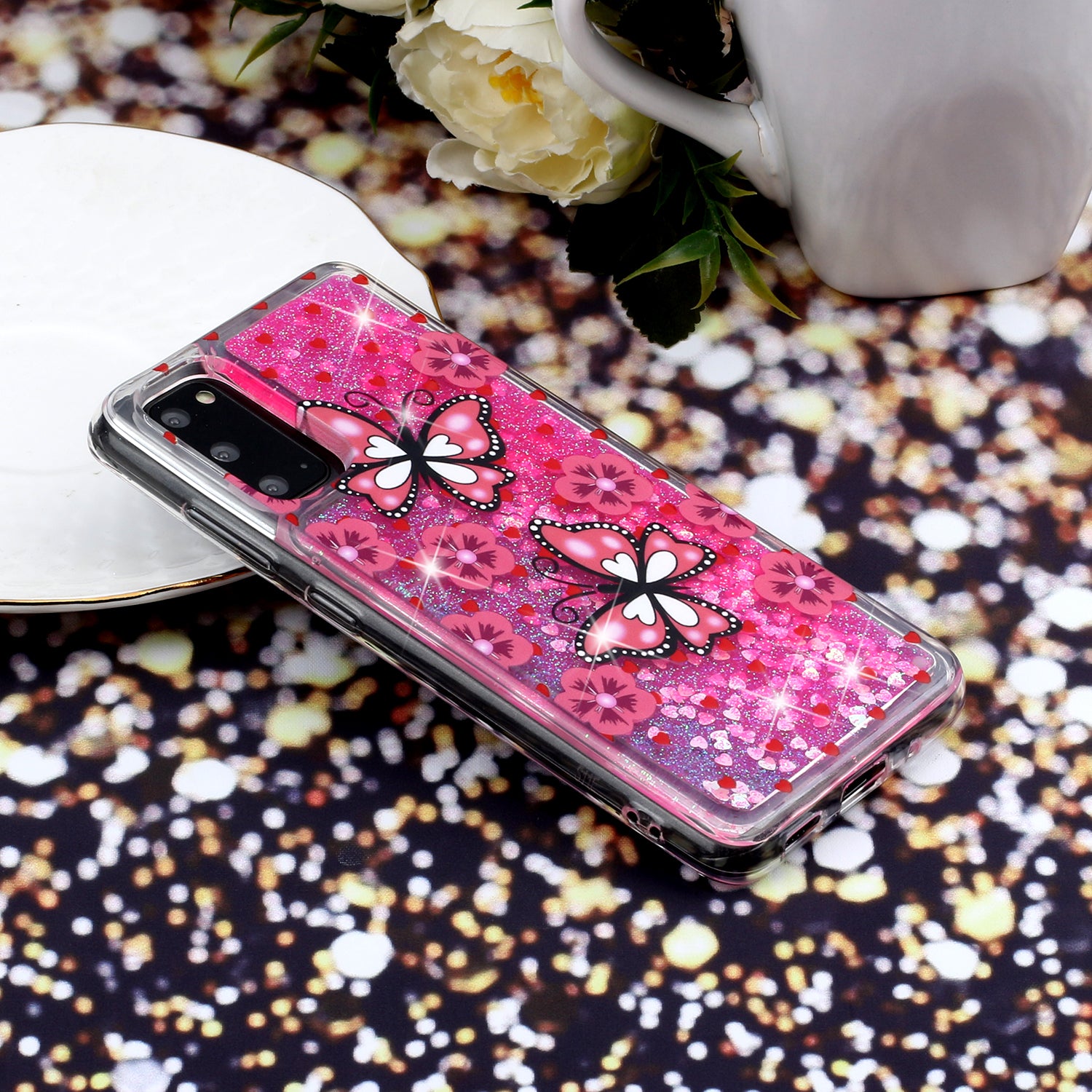 Pattern Printing Glitter Powder Quicksand Cover TPU Case for Samsung Galaxy S20 4G/S20 5G - Butterflies