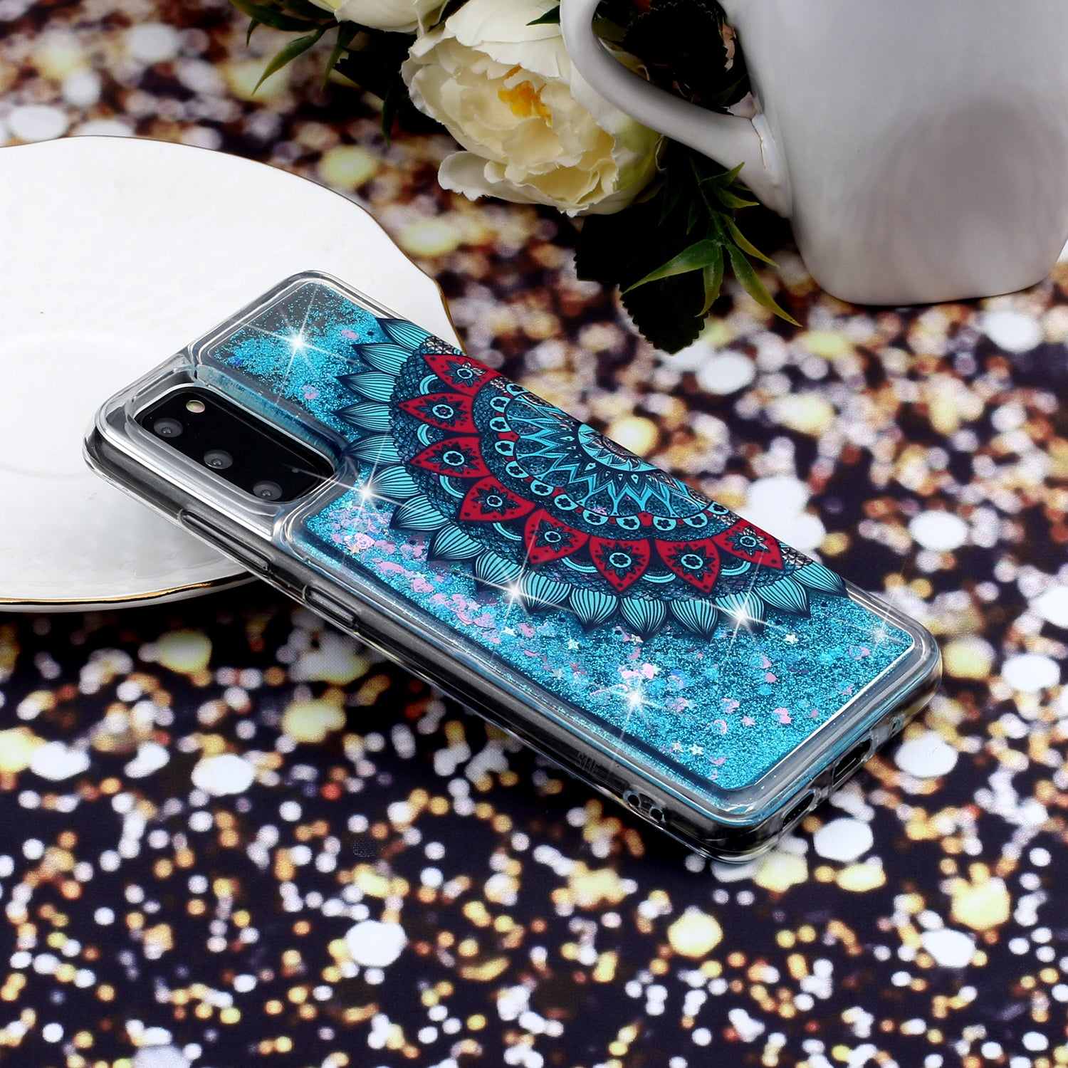 Pattern Printing Glitter Powder Quicksand Cover TPU Case for Samsung Galaxy S20 4G/S20 5G - Malanda Flower