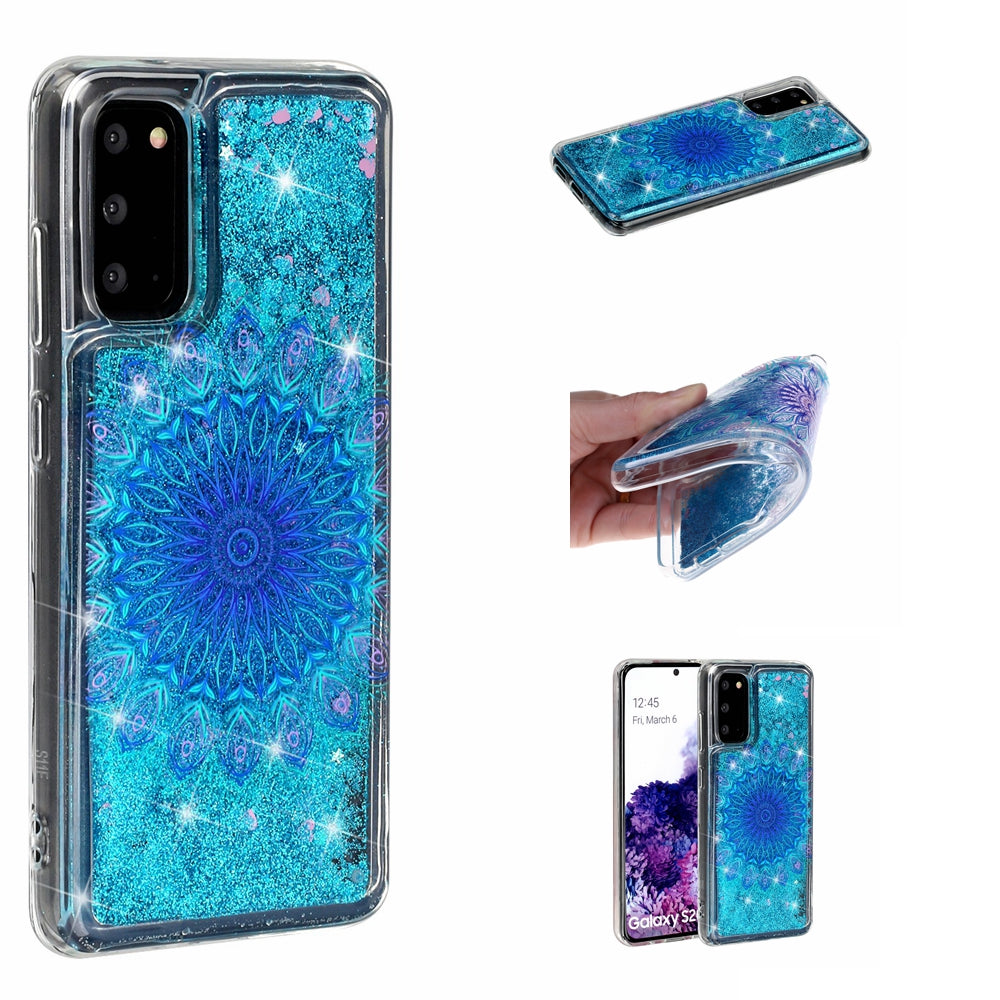 Pattern Printing Glitter Powder Quicksand Cover TPU Case for Samsung Galaxy S20 4G/S20 5G - Blue Malanda Flower