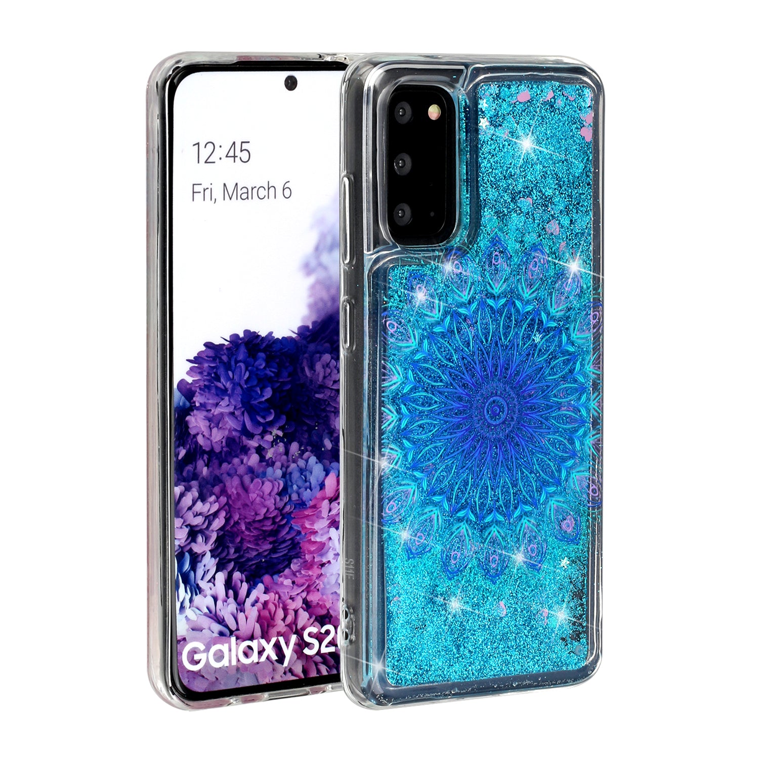 Pattern Printing Glitter Powder Quicksand Cover TPU Case for Samsung Galaxy S20 4G/S20 5G - Blue Malanda Flower