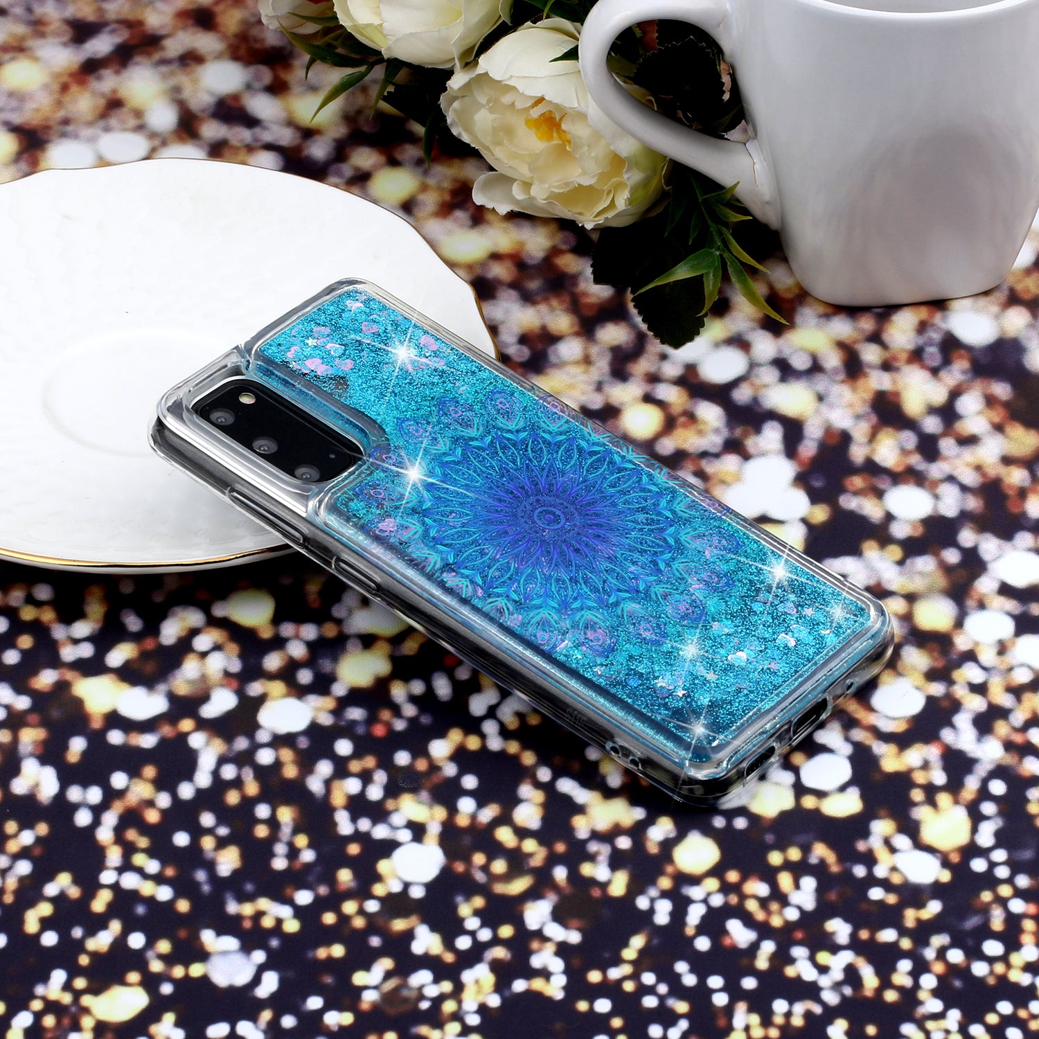 Pattern Printing Glitter Powder Quicksand Cover TPU Case for Samsung Galaxy S20 4G/S20 5G - Blue Malanda Flower