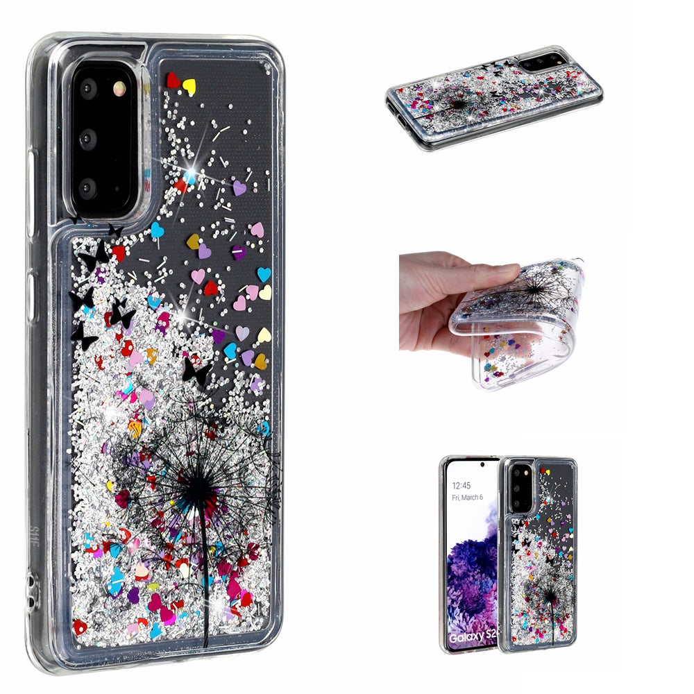 Pattern Printing Glitter Powder Quicksand Cover TPU Case for Samsung Galaxy S20 4G/S20 5G - Dandelion