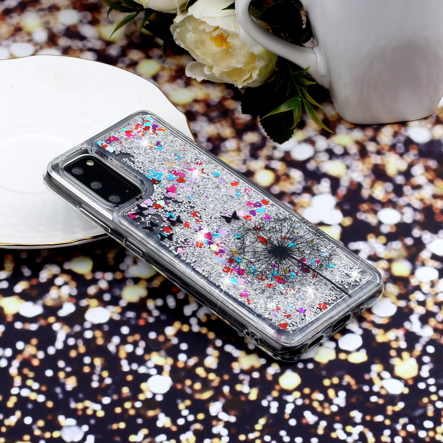 Pattern Printing Glitter Powder Quicksand Cover TPU Case for Samsung Galaxy S20 4G/S20 5G - Dandelion