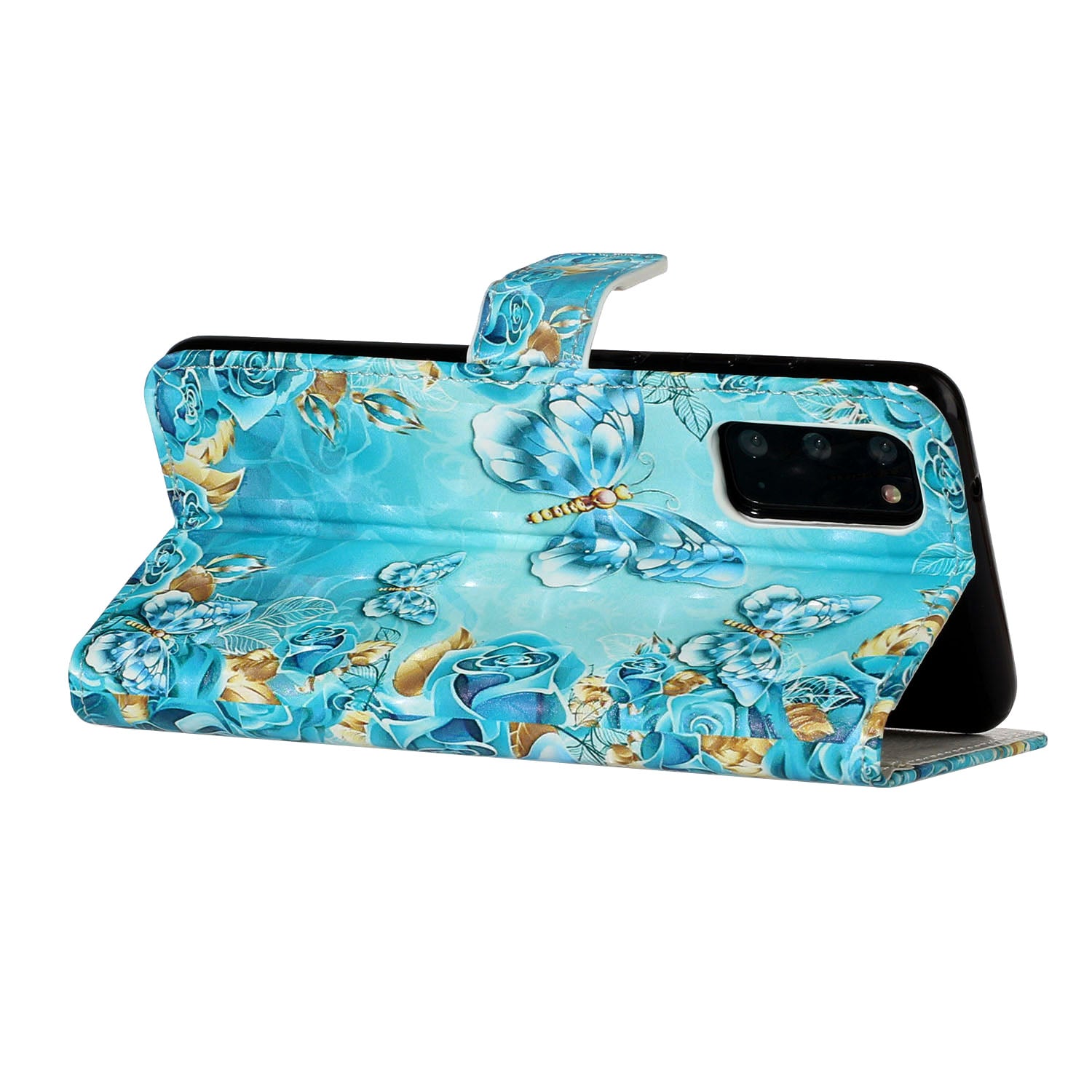 Pattern Printing Light Spot Decor Leather Case Stand Wallet Phone Cover for Samsung Galaxy S20 4G/S20 5G - Blue Butterfly