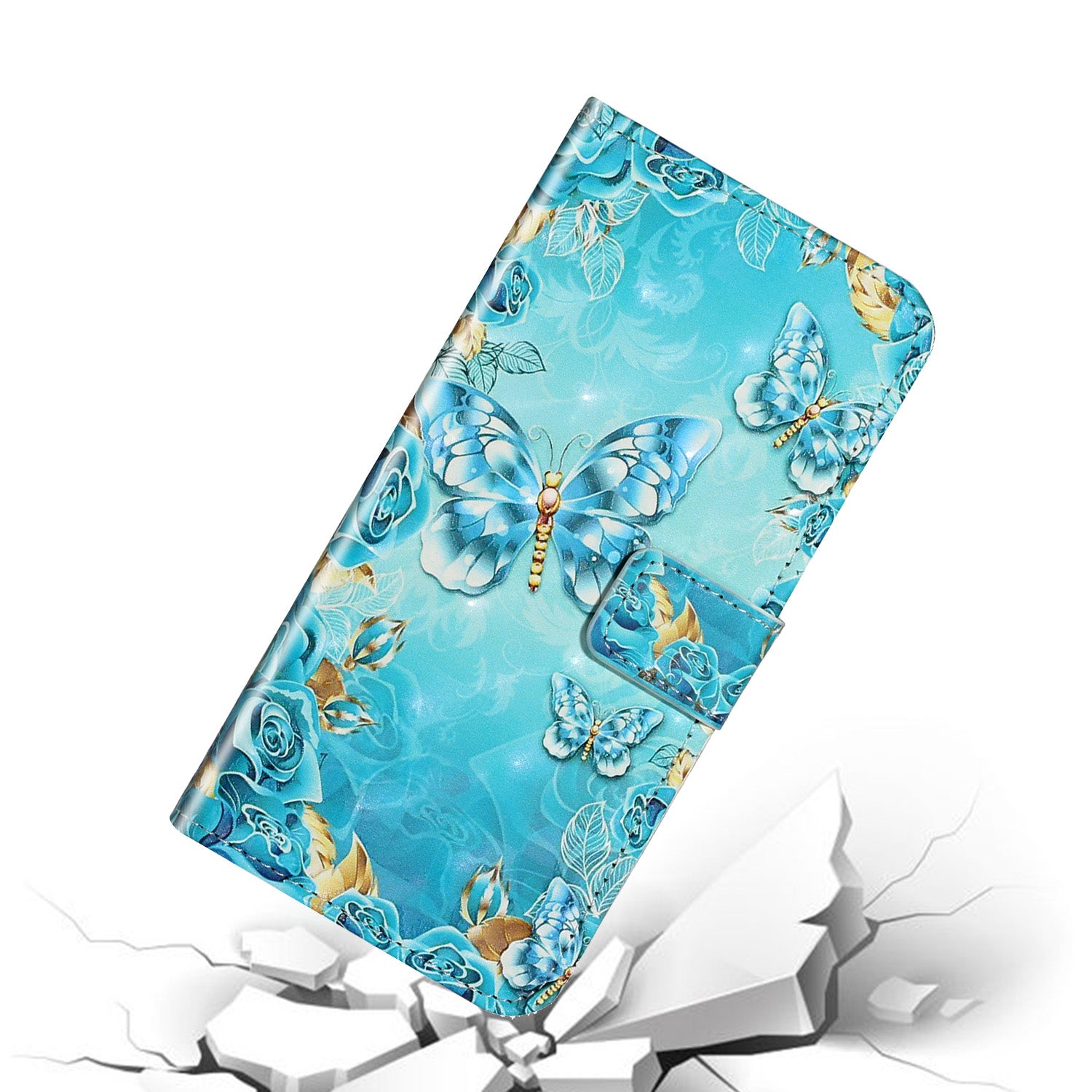 Pattern Printing Light Spot Decor Leather Case Stand Wallet Phone Cover for Samsung Galaxy S20 4G/S20 5G - Blue Butterfly