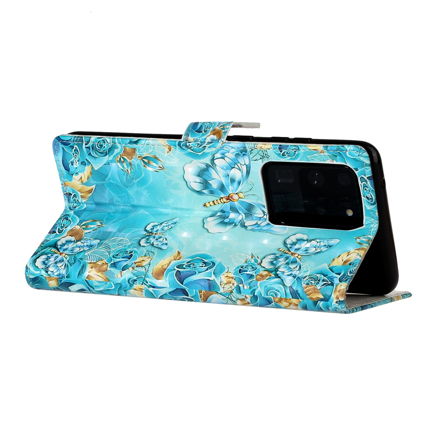 Pattern Printing Light Spot Decor Leather Case Stand Wallet Phone Cover for Samsung Galaxy S20 Ultra - Blue Butterfly