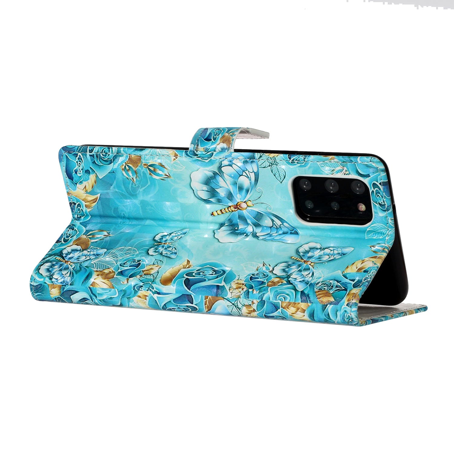 Pattern Printing Light Spot Decor Leather Case Stand Wallet Phone Cover for Samsung Galaxy S20 Plus / S20 Plus 5G - Blue Butterfly