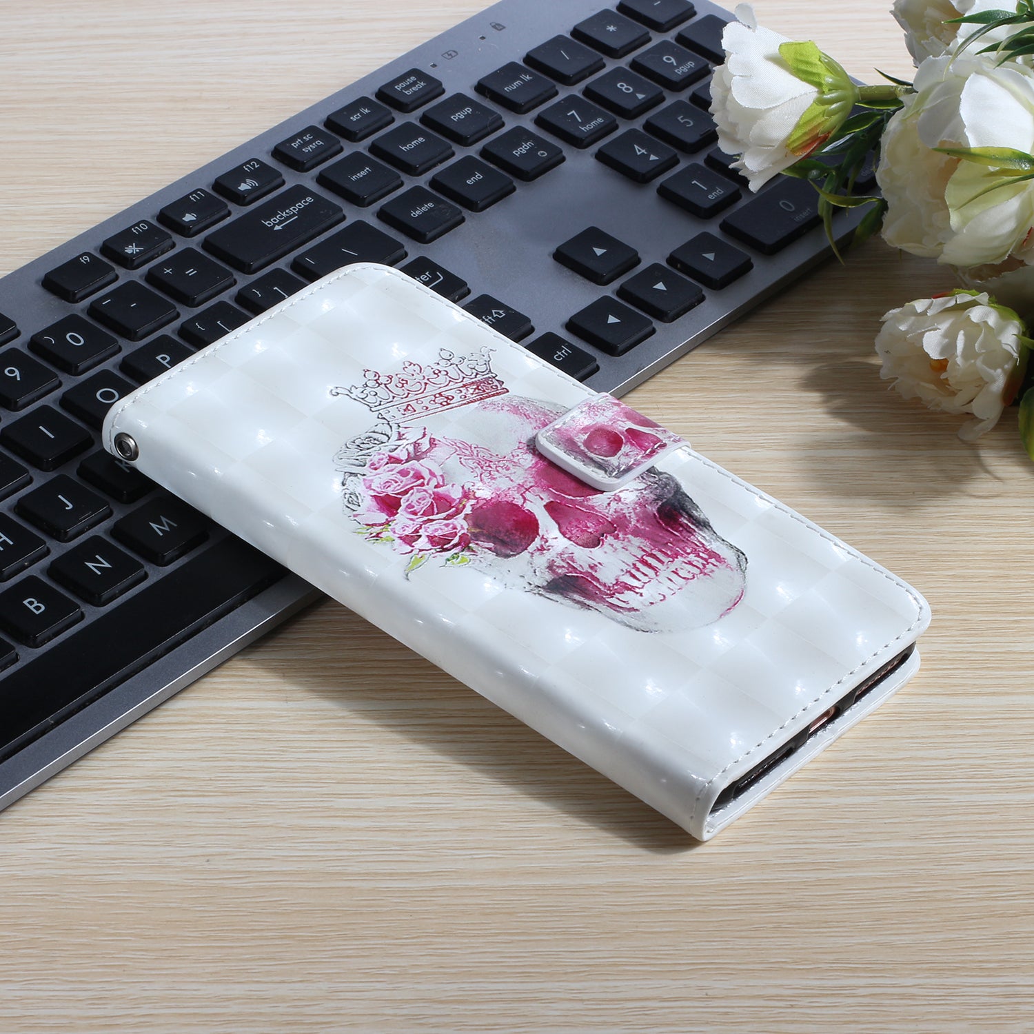 Pattern Printing Light Spot Decor Leather Case Stand Wallet Phone Cover for Samsung Galaxy S20 Ultra - Flower Skull