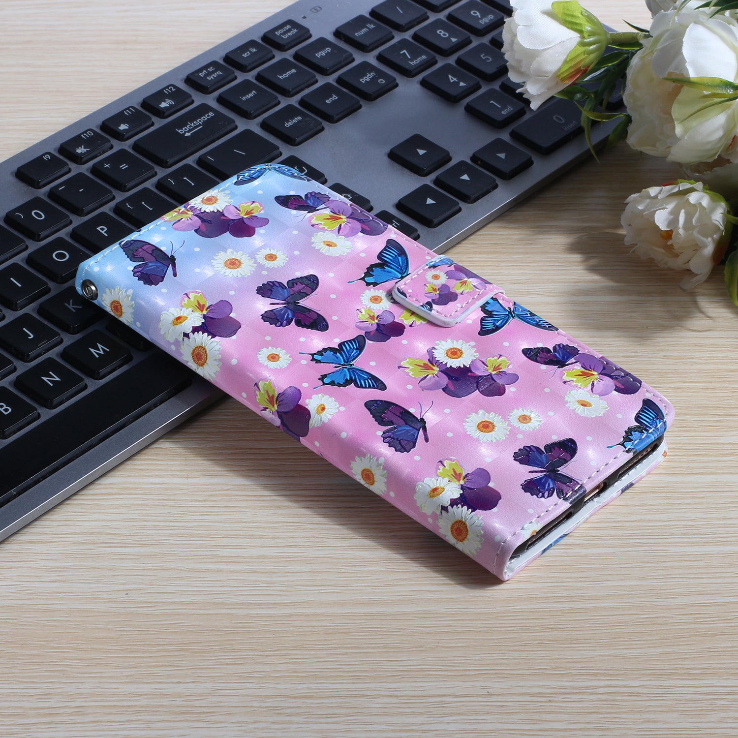 Pattern Printing Light Spot Decor Leather Case Stand Wallet Phone Cover for Samsung Galaxy S20 Ultra - Butterfly