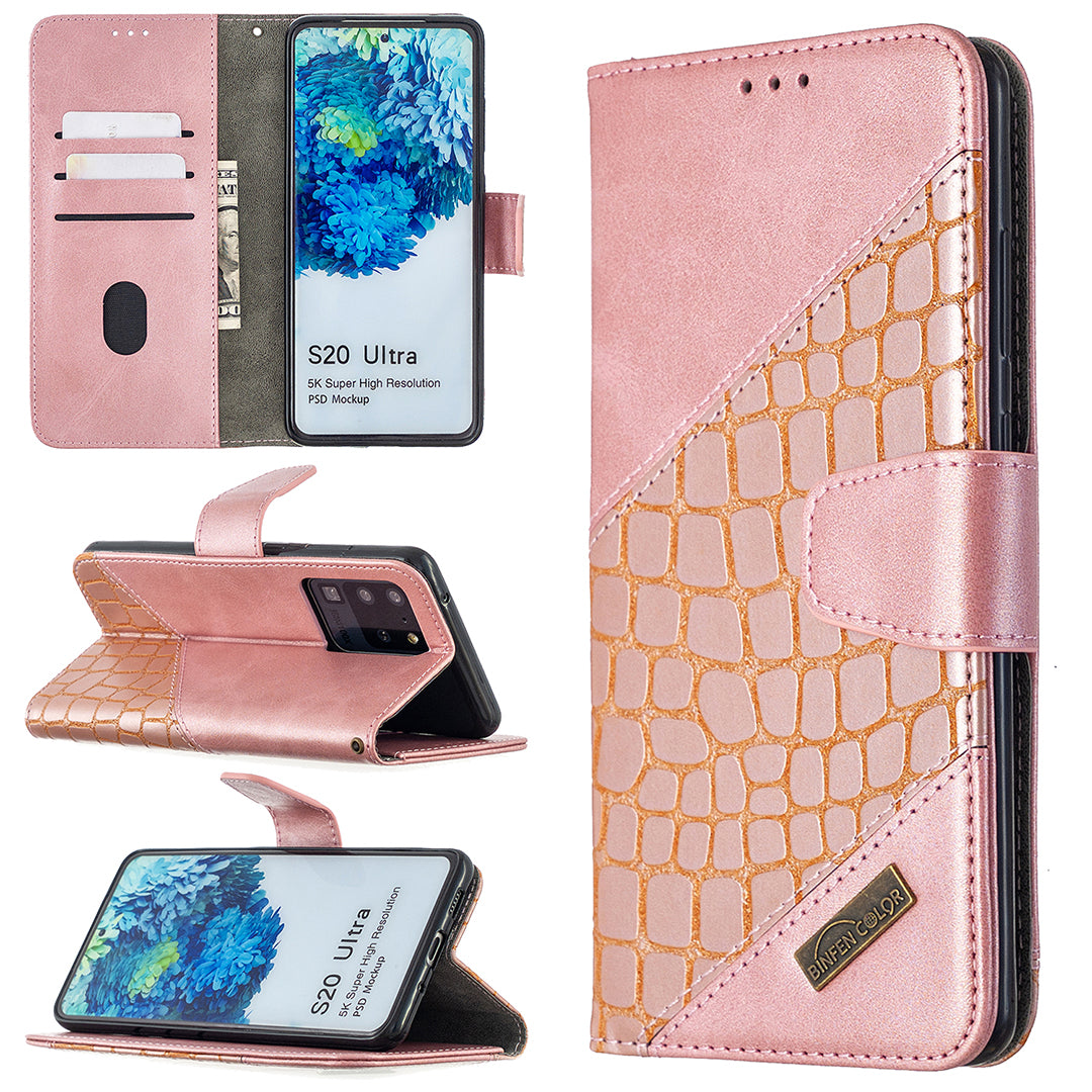 Crocodile Skin Assorted Color Style Leather Wallet Case for Samsung Galaxy S20 Ultra - Rose Gold