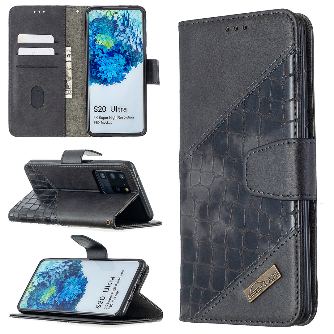 Crocodile Skin Assorted Color Style Leather Wallet Case for Samsung Galaxy S20 Ultra - Black