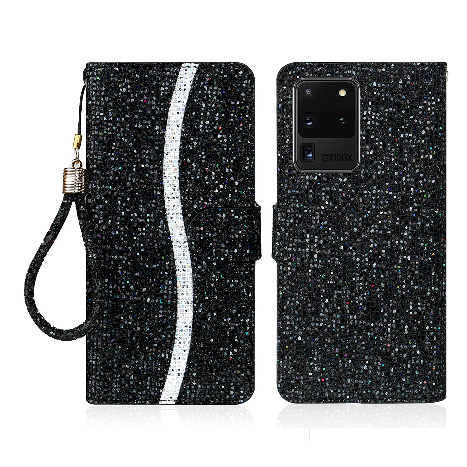 Glittery Powder Splicing Wallet Stand Leather Shell for Samsung Galaxy S20 Ultra - Black