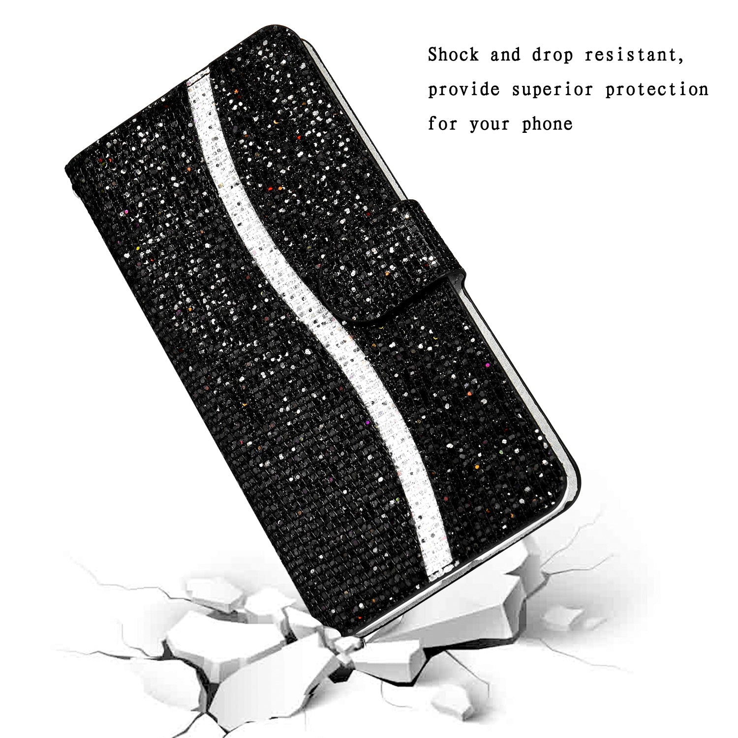 Glittery Powder Splicing Wallet Stand Leather Shell for Samsung Galaxy S20 Ultra - Black