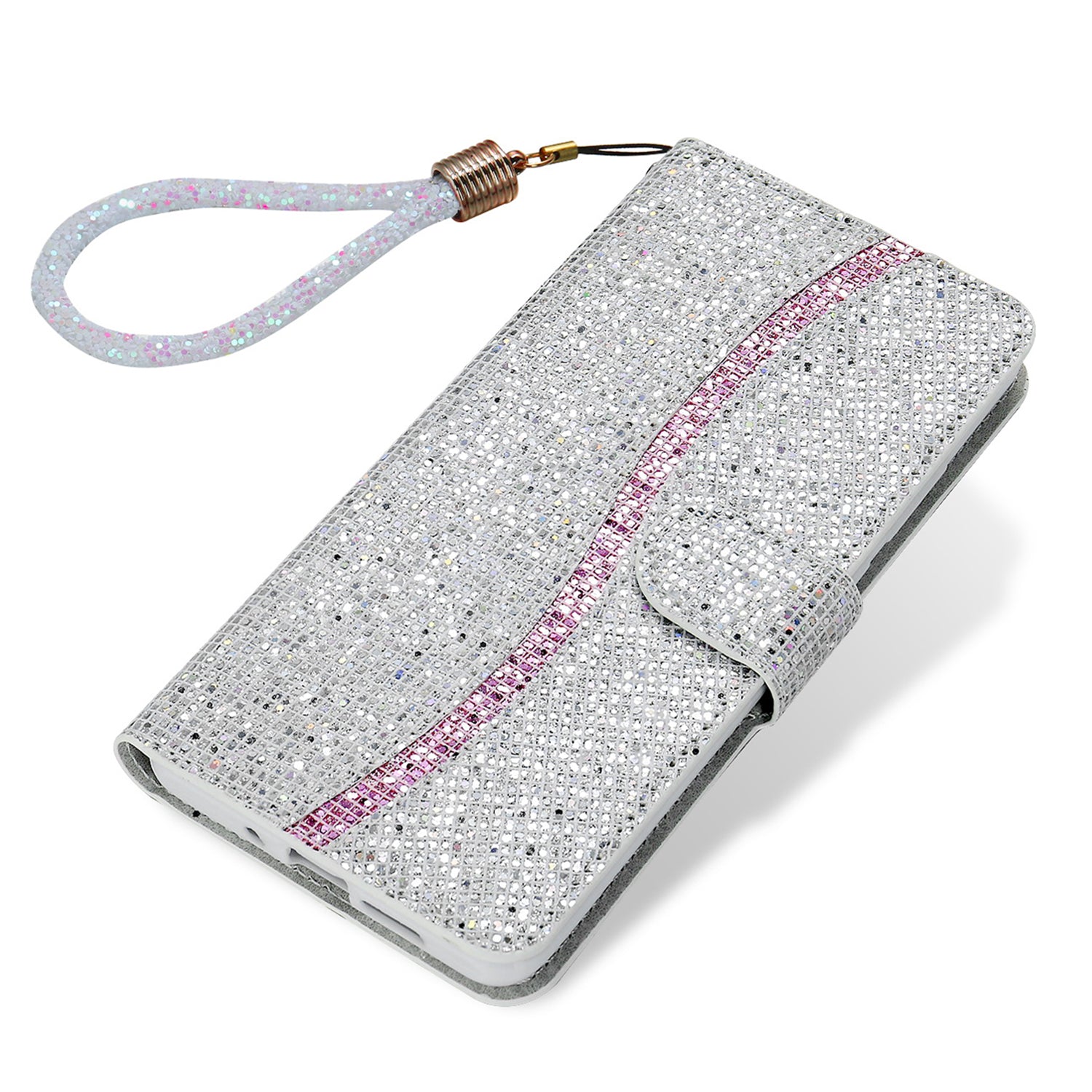 Glittery Powder Splicing Wallet Stand Leather Shell for Samsung Galaxy S20 Ultra - Silver