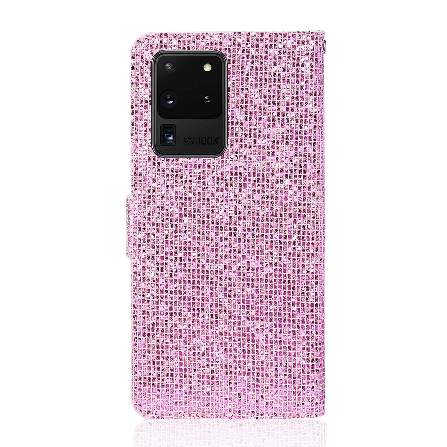 Glittery Powder Splicing Wallet Stand Leather Shell for Samsung Galaxy S20 Ultra - Rose Gold