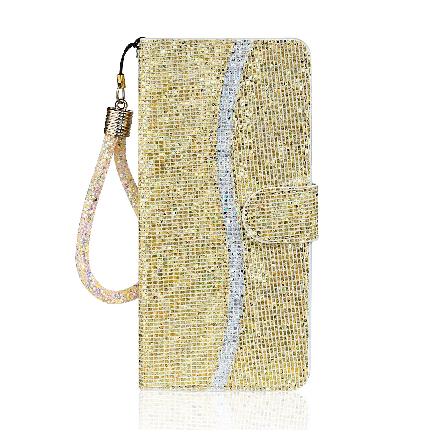 Glittery Powder Splicing Wallet Stand Leather Shell for Samsung Galaxy S20 Ultra - Gold