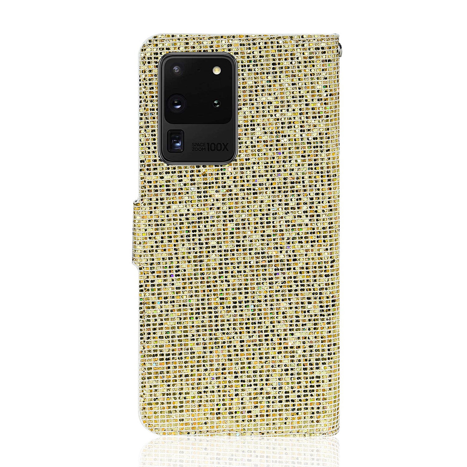 Glittery Powder Splicing Wallet Stand Leather Shell for Samsung Galaxy S20 Ultra - Gold