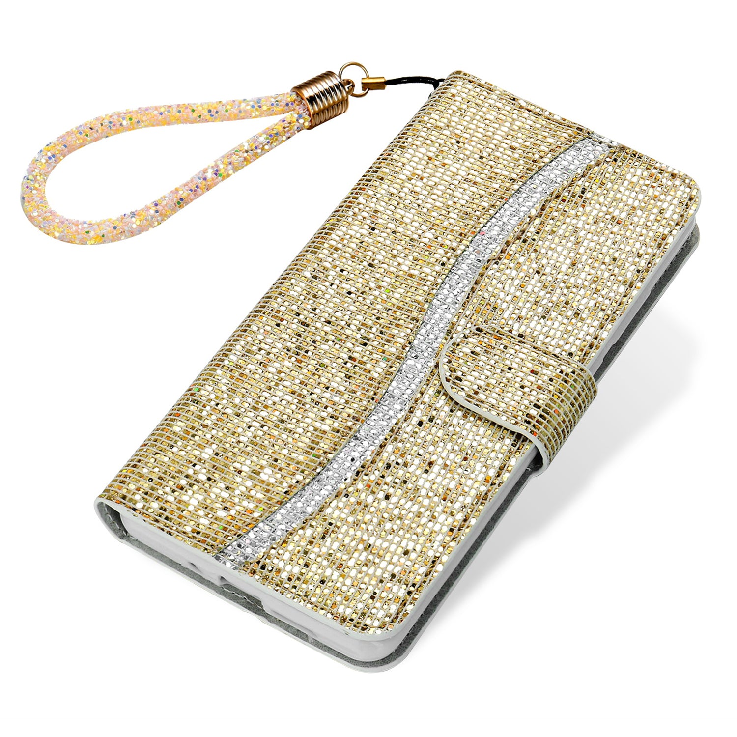 Glittery Powder Splicing Wallet Stand Leather Shell for Samsung Galaxy S20 Ultra - Gold