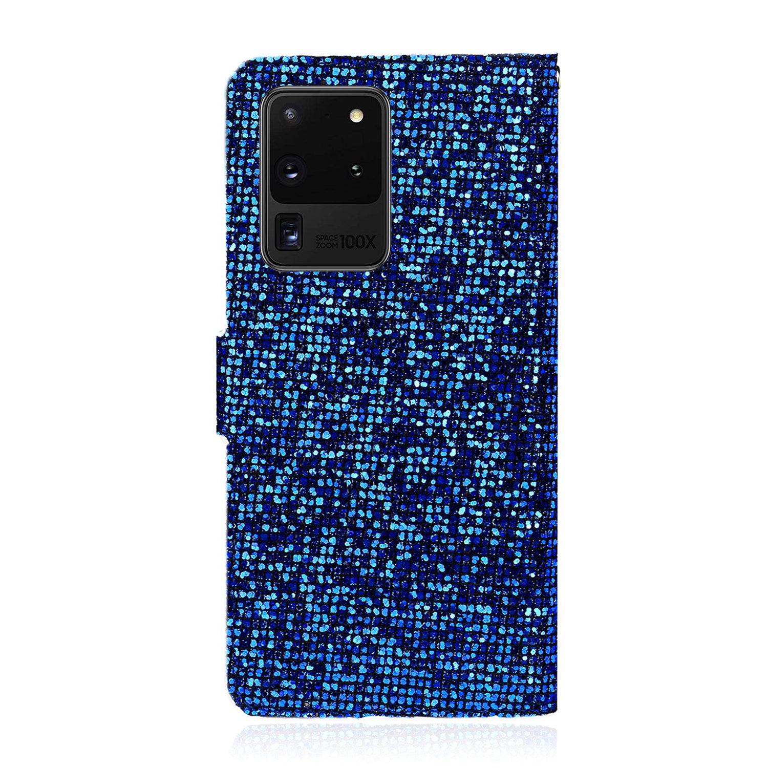 Glittery Powder Splicing Wallet Stand Leather Shell for Samsung Galaxy S20 Ultra - Blue