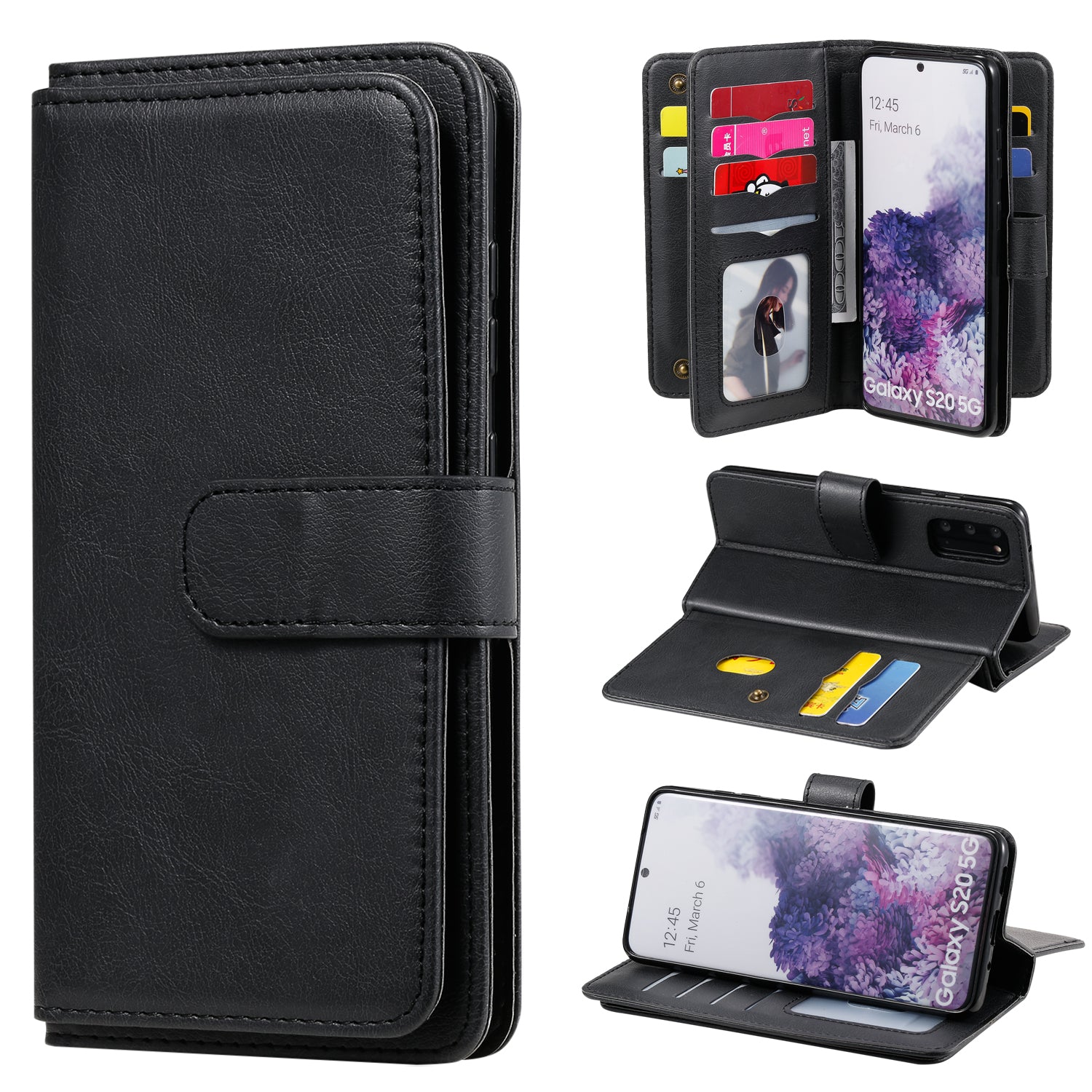 KT Multi-functional Series-1 10 Card Slots Wallet TPU+PU Leather Case with Stand for Samsung Galaxy S20 4G/S20 5G - Black