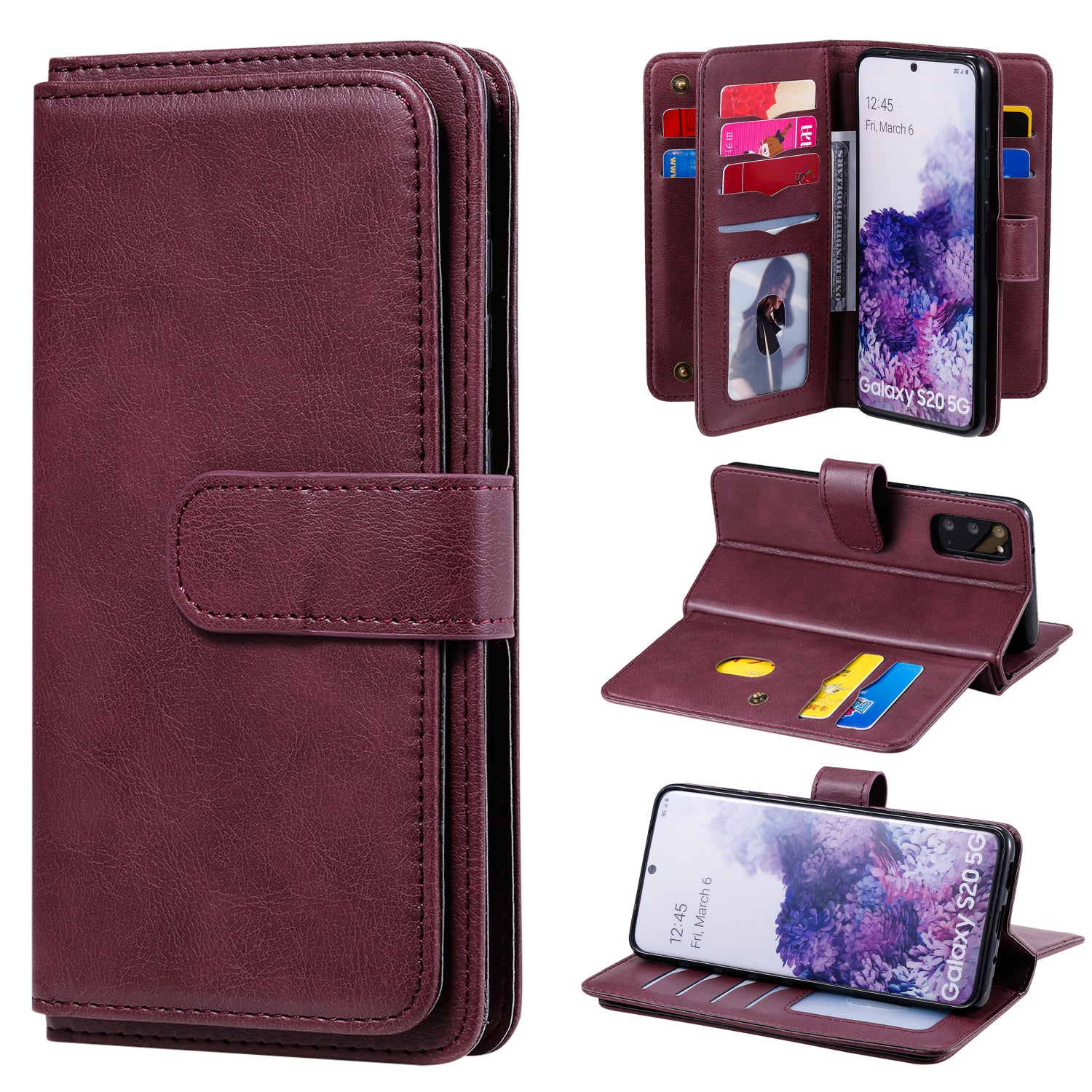 KT Multi-functional Series-1 10 Card Slots Wallet TPU+PU Leather Case with Stand for Samsung Galaxy S20 4G/S20 5G - Wine Red