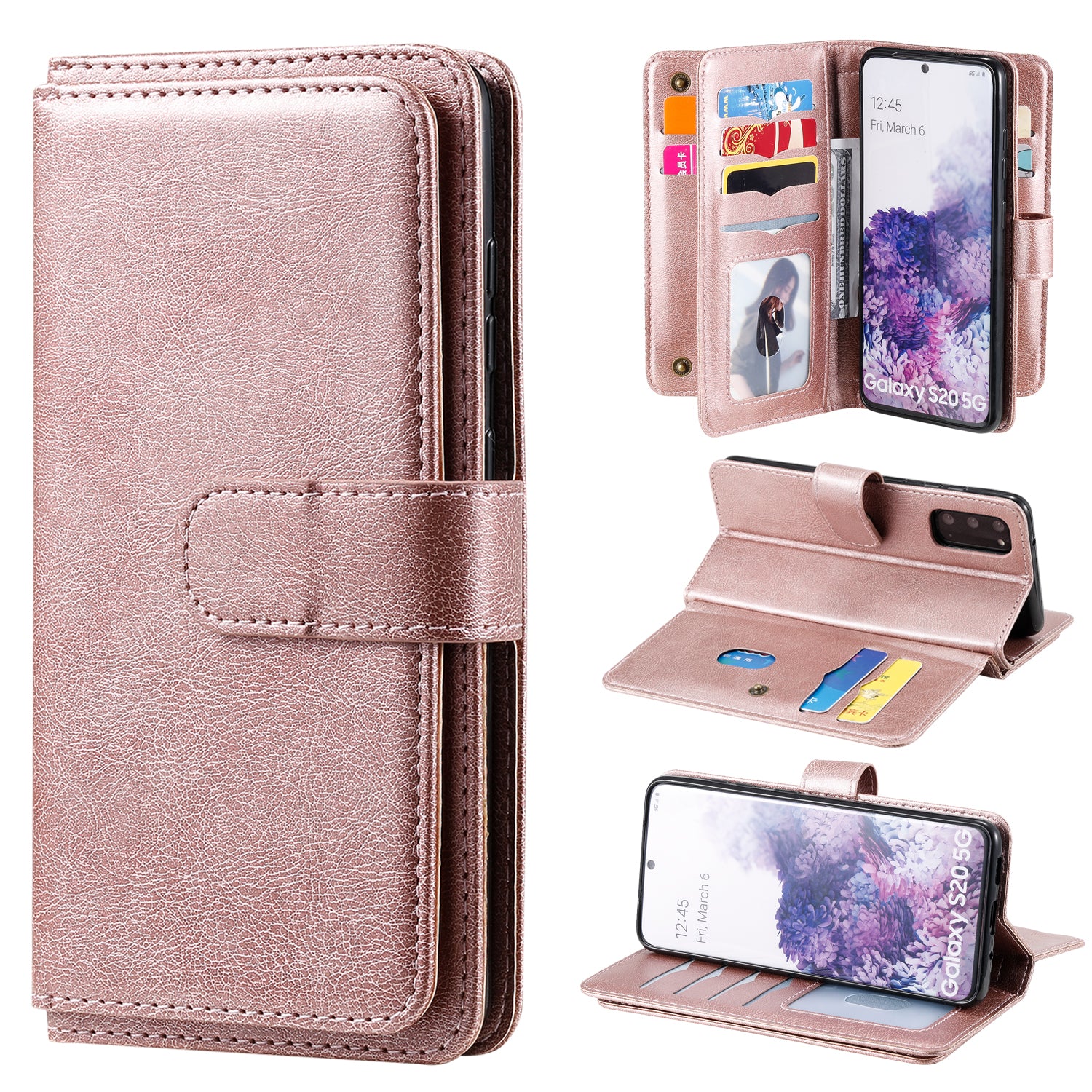 KT Multi-functional Series-1 10 Card Slots Wallet TPU+PU Leather Case with Stand for Samsung Galaxy S20 4G/S20 5G - Rose Gold