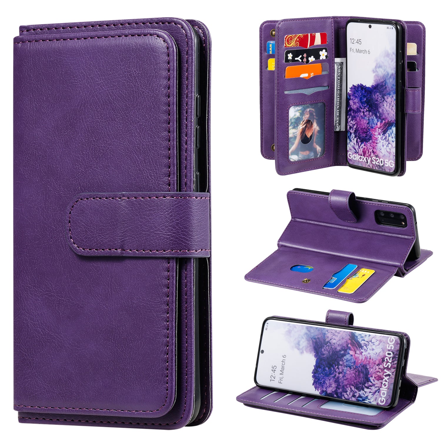 KT Multi-functional Series-1 10 Card Slots Wallet TPU+PU Leather Case with Stand for Samsung Galaxy S20 4G/S20 5G - Purple