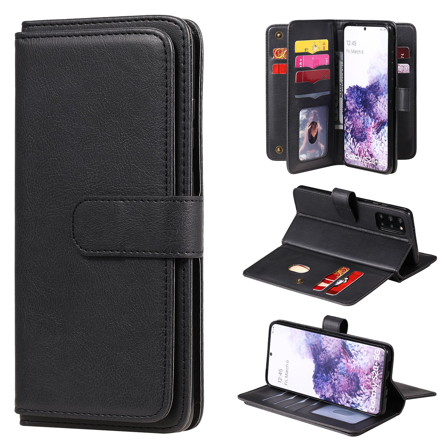 For Samsung Galaxy S20 Plus/S20 Plus 5G KT Multi-functional Series-1 10 Card Slots Wallet TPU+PU Leather Cover with Stand  - Black