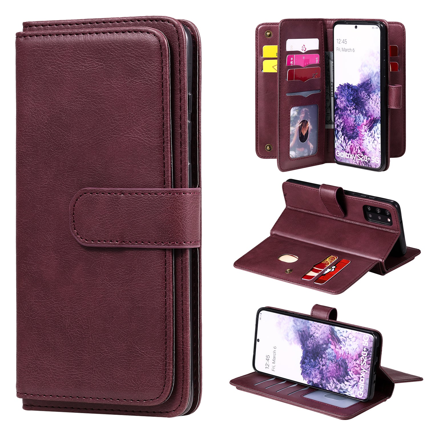 For Samsung Galaxy S20 Plus/S20 Plus 5G KT Multi-functional Series-1 10 Card Slots Wallet TPU+PU Leather Cover with Stand  - Wine Red