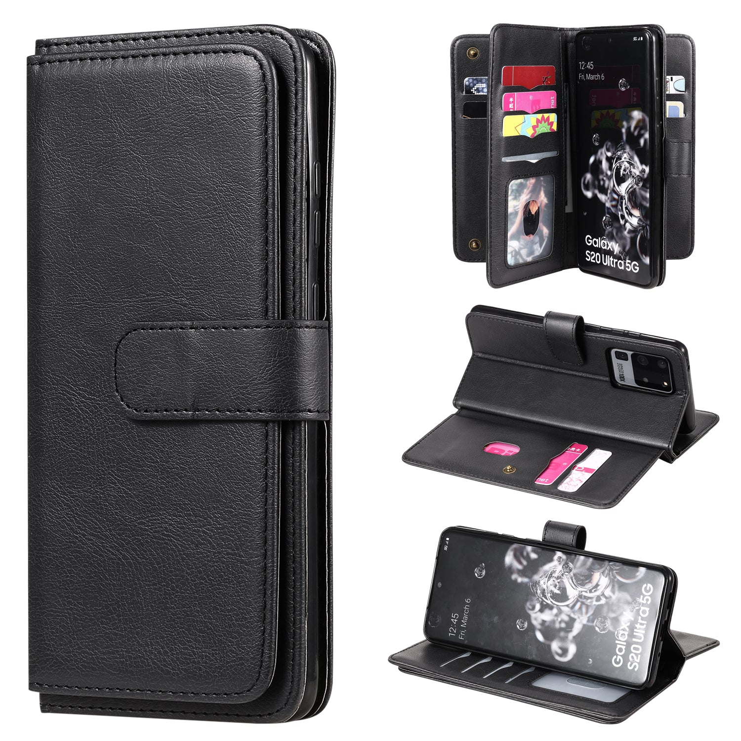 KT Multi-functional Series-1 10 Card Slots Wallet TPU+PU Leather Shell with Stand for Samsung Galaxy S20 Ultra - Black