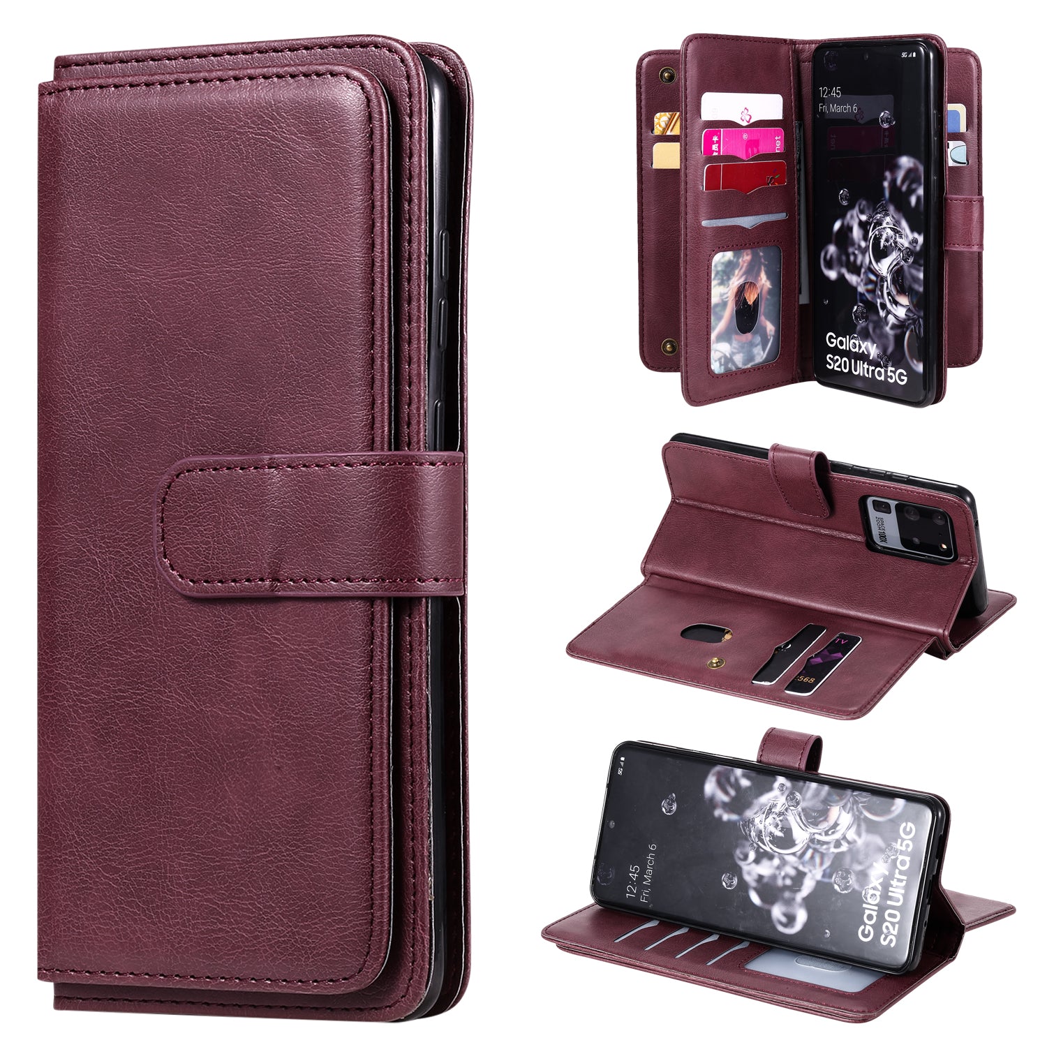 KT Multi-functional Series-1 10 Card Slots Wallet TPU+PU Leather Shell with Stand for Samsung Galaxy S20 Ultra - Wine Red