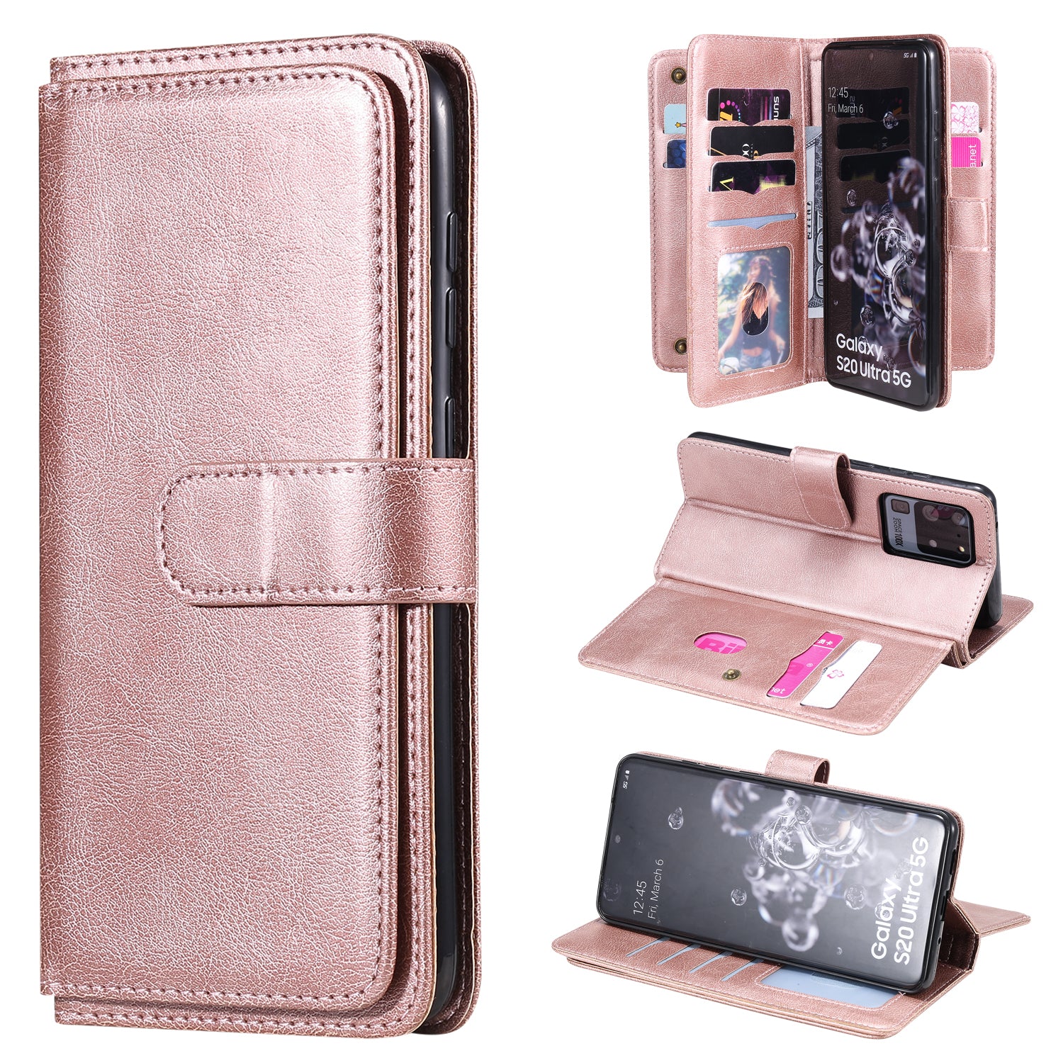 KT Multi-functional Series-1 10 Card Slots Wallet TPU+PU Leather Shell with Stand for Samsung Galaxy S20 Ultra - Rose Gold