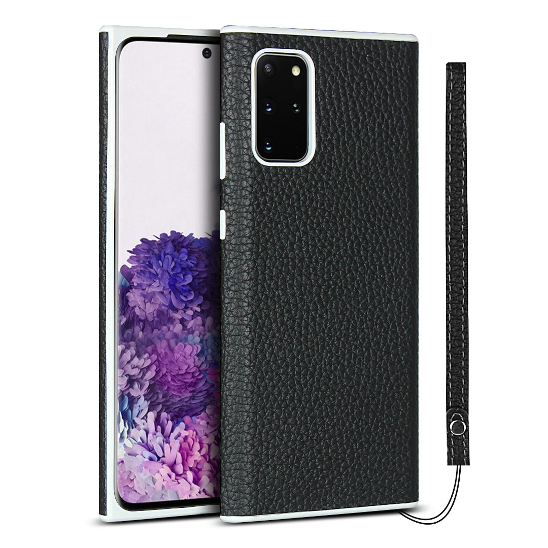 Litchi Skin Genuine Leather Coated TPU Protective Case for Samsung Galaxy S20 Plus - Black