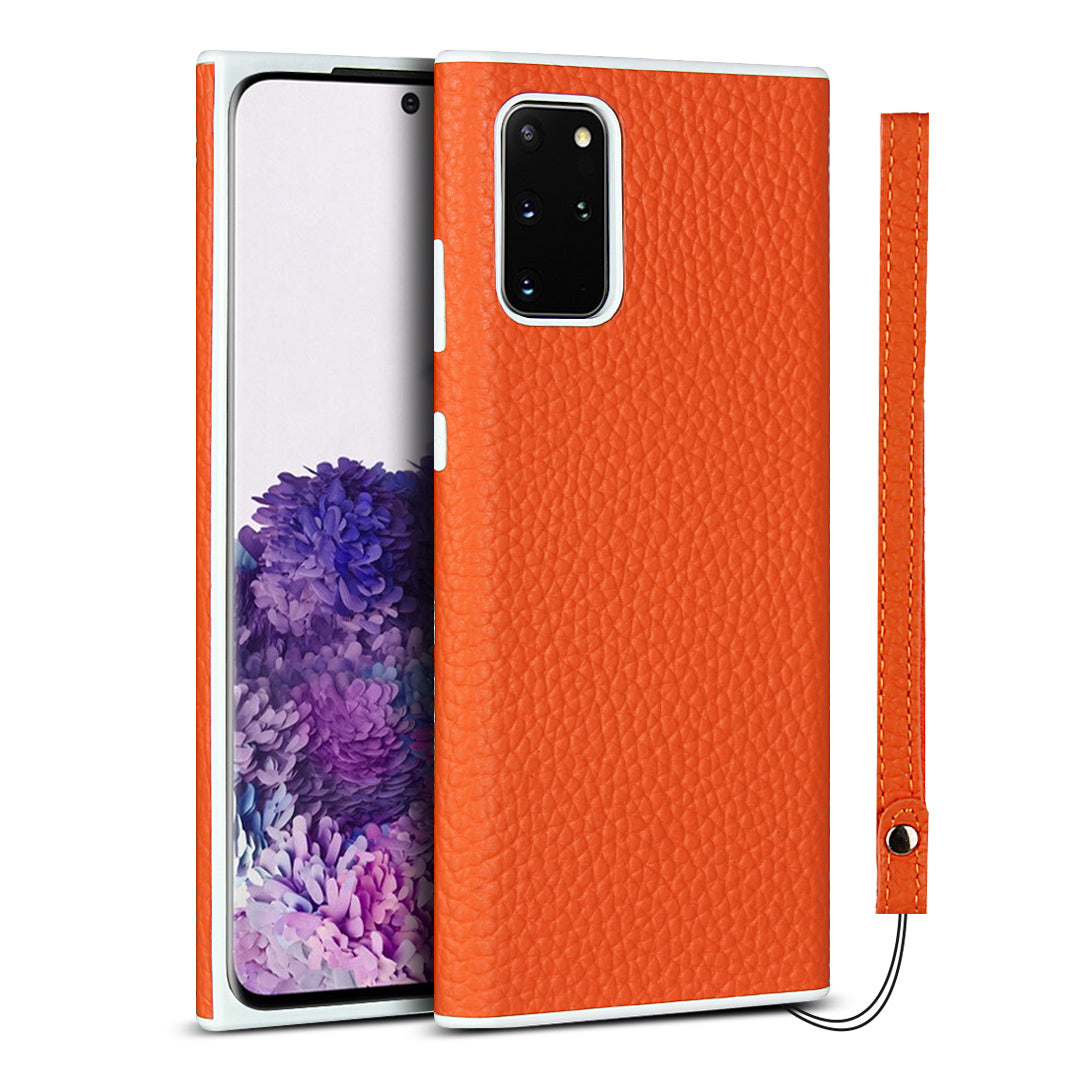 Litchi Skin Genuine Leather Coated TPU Protective Case for Samsung Galaxy S20 Plus - Orange