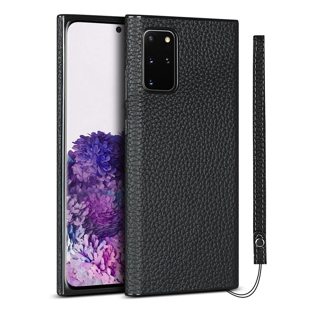 Litchi Skin Genuine Leather Coated TPU Phone Cover [Black Lining] for Samsung Galaxy S20 Plus - Black