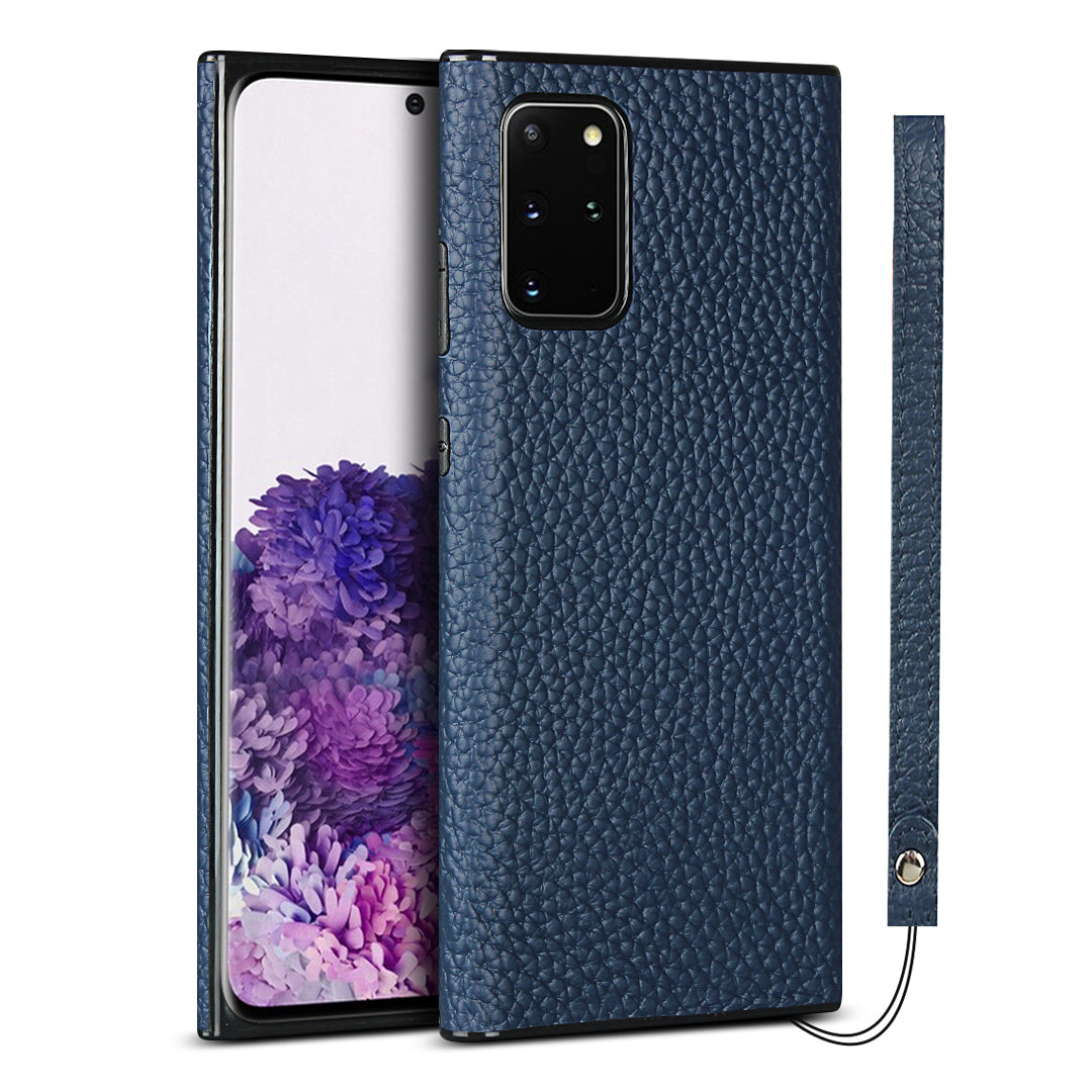 Litchi Skin Genuine Leather Coated TPU Phone Cover [Black Lining] for Samsung Galaxy S20 Plus - Blue