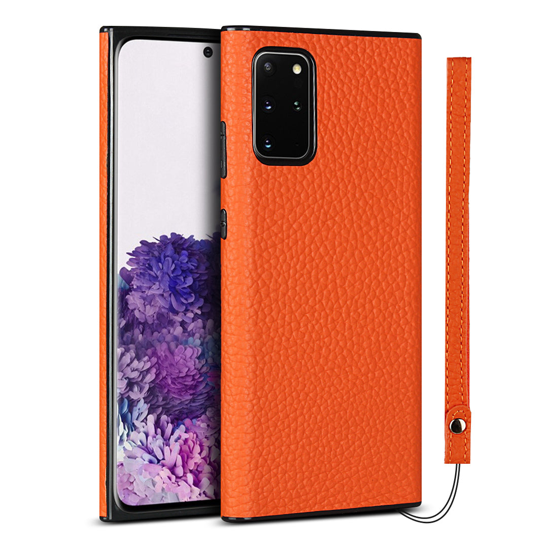 Litchi Skin Genuine Leather Coated TPU Phone Cover [Black Lining] for Samsung Galaxy S20 Plus - Orange