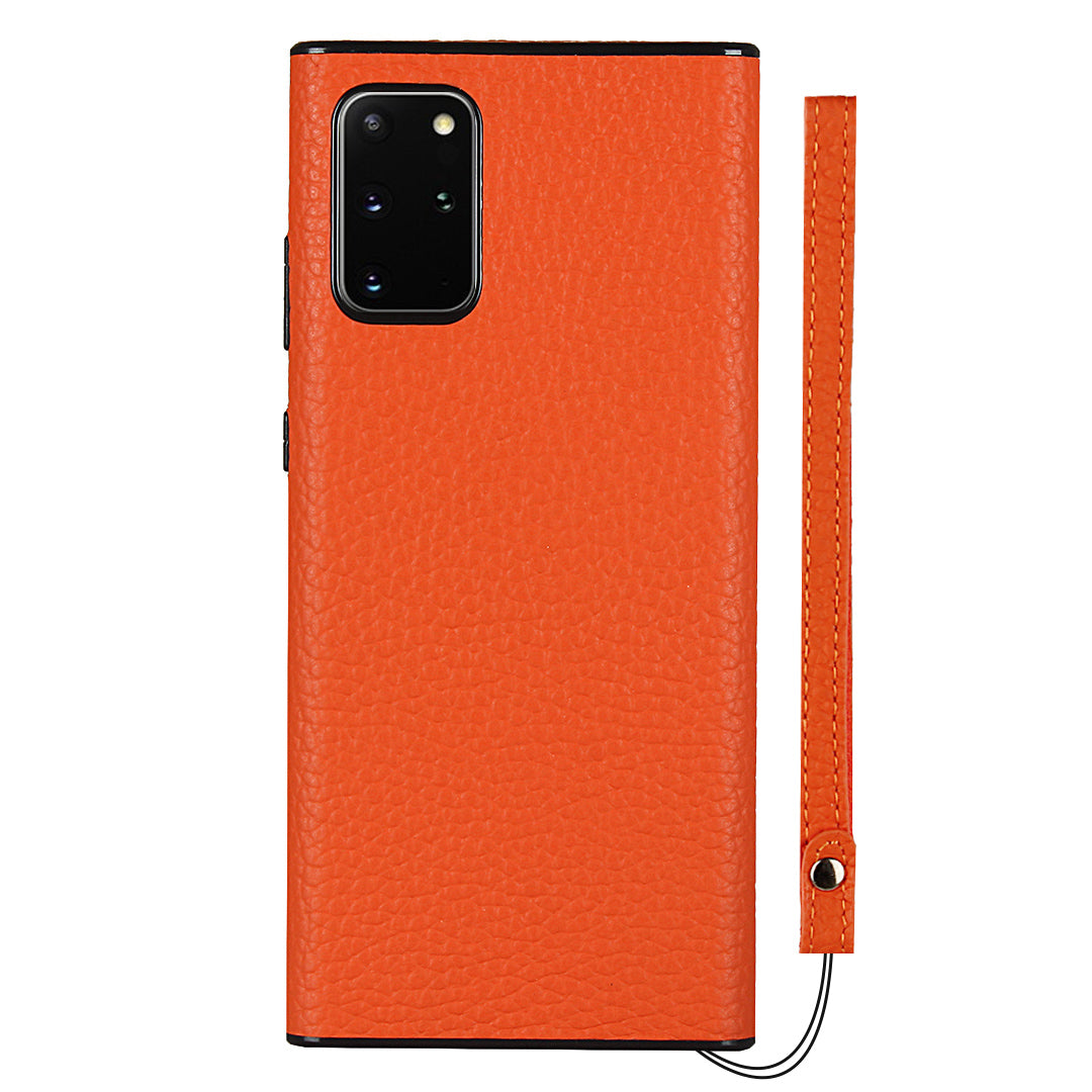 Litchi Skin Genuine Leather Coated TPU Phone Cover [Black Lining] for Samsung Galaxy S20 Plus - Orange