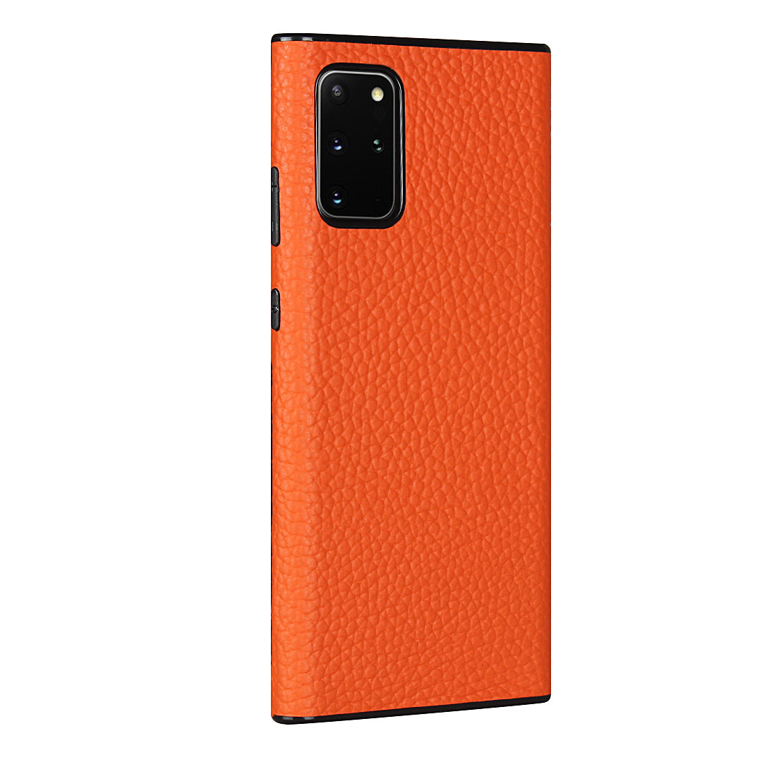 Litchi Skin Genuine Leather Coated TPU Phone Cover [Black Lining] for Samsung Galaxy S20 Plus - Orange