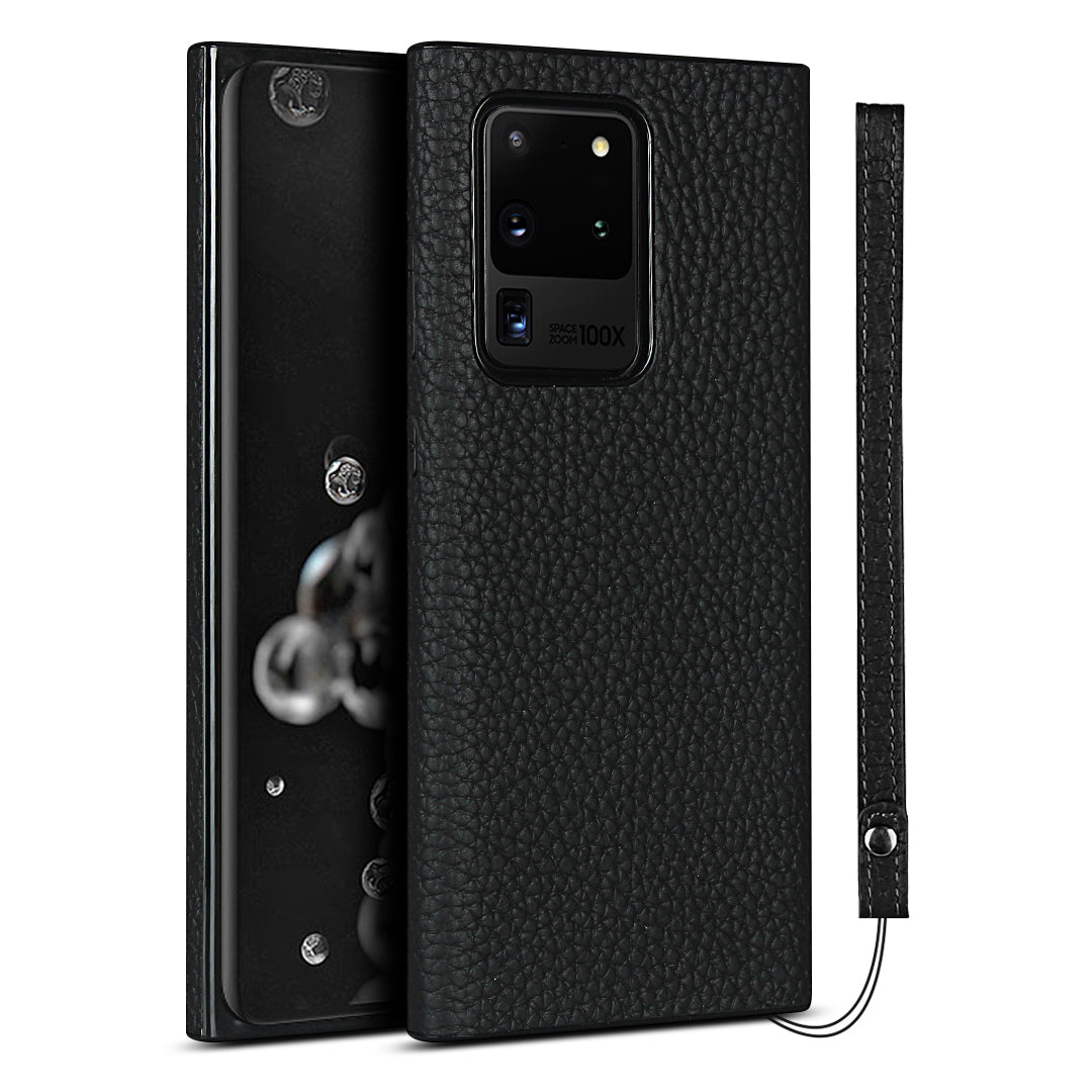 Litchi Skin Genuine Leather Coated TPU Phone Case [Black Lining] for Samsung Galaxy S20 Ultra - Black