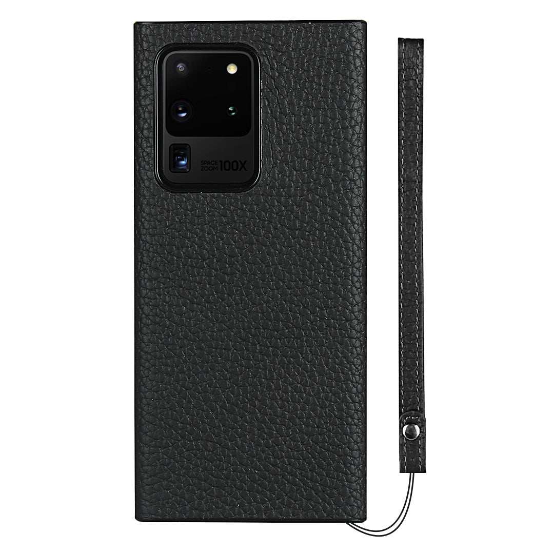 Litchi Skin Genuine Leather Coated TPU Phone Case [Black Lining] for Samsung Galaxy S20 Ultra - Black