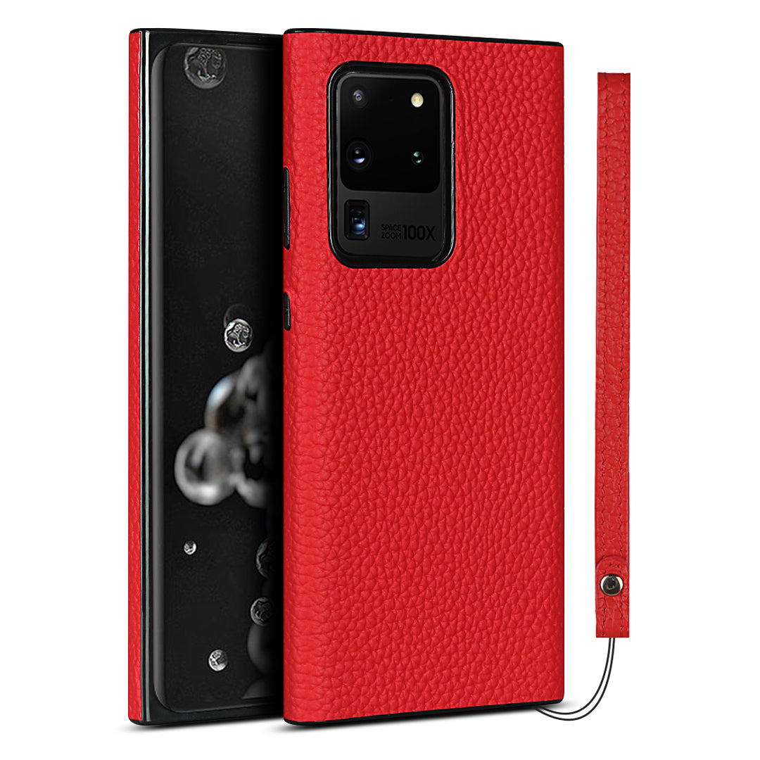 Litchi Skin Genuine Leather Coated TPU Phone Case [Black Lining] for Samsung Galaxy S20 Ultra - Red