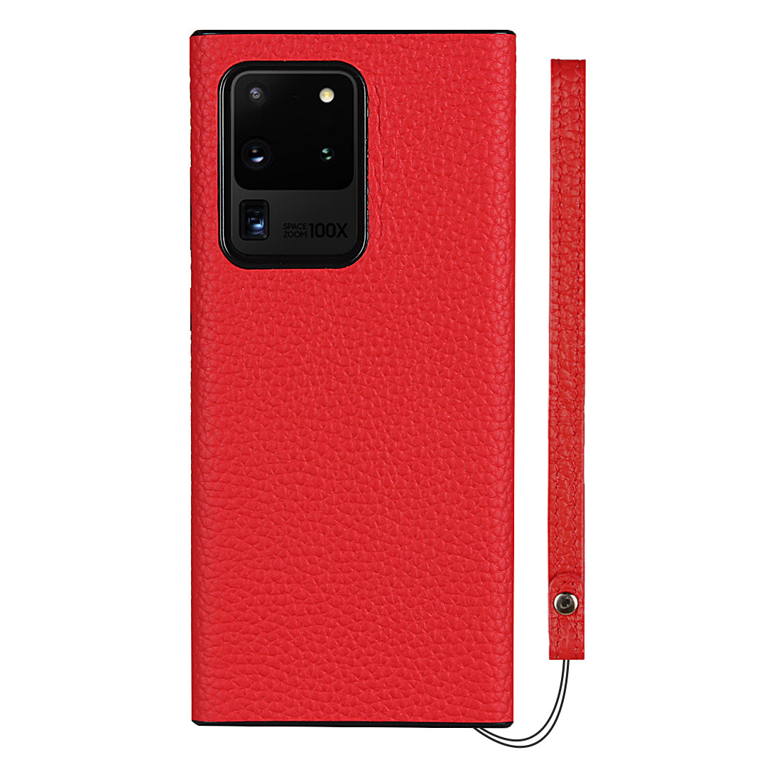 Litchi Skin Genuine Leather Coated TPU Phone Case [Black Lining] for Samsung Galaxy S20 Ultra - Red