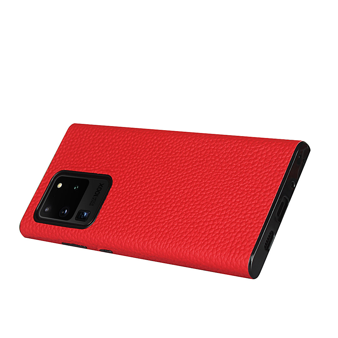 Litchi Skin Genuine Leather Coated TPU Phone Case [Black Lining] for Samsung Galaxy S20 Ultra - Red