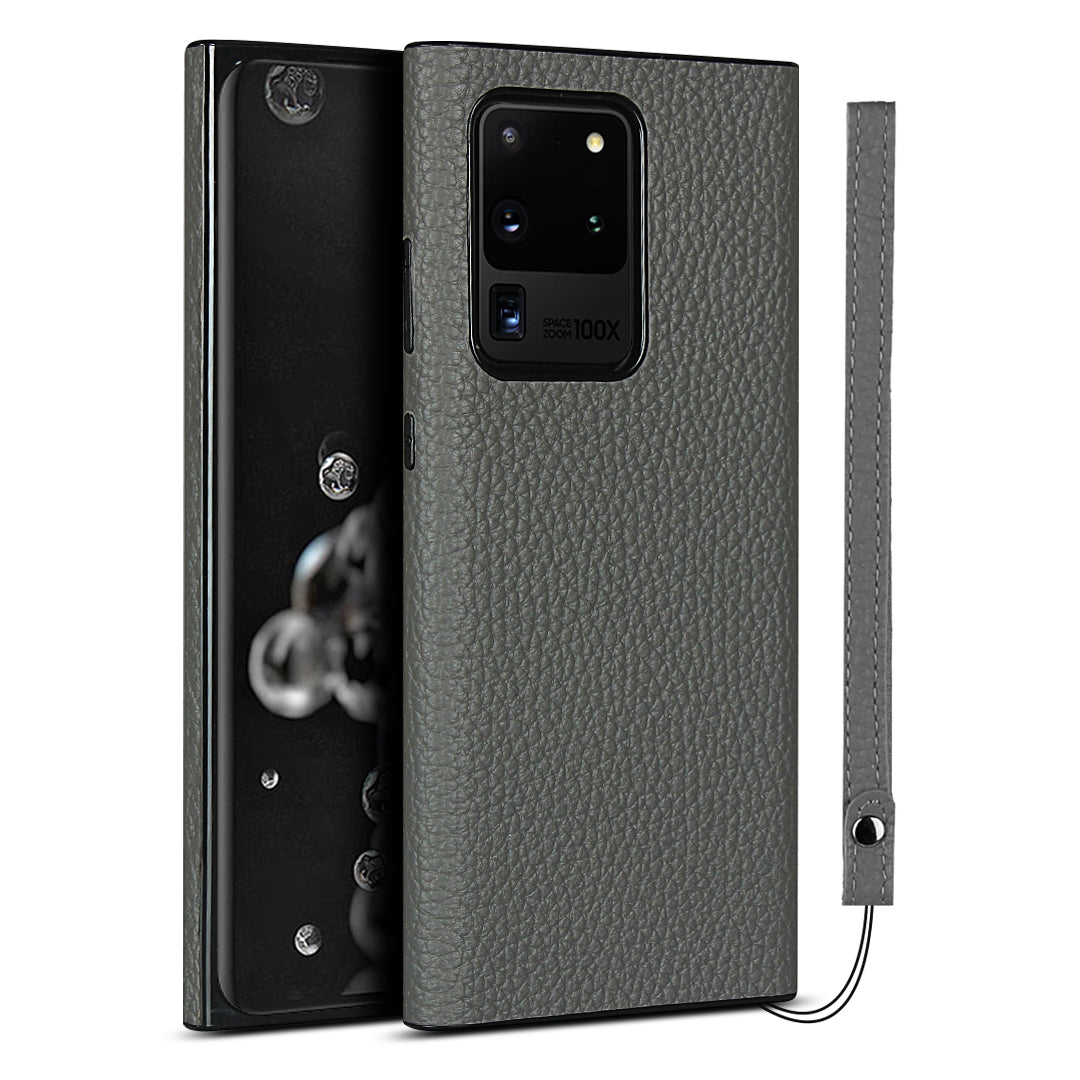 Litchi Skin Genuine Leather Coated TPU Phone Case [Black Lining] for Samsung Galaxy S20 Ultra - Grey