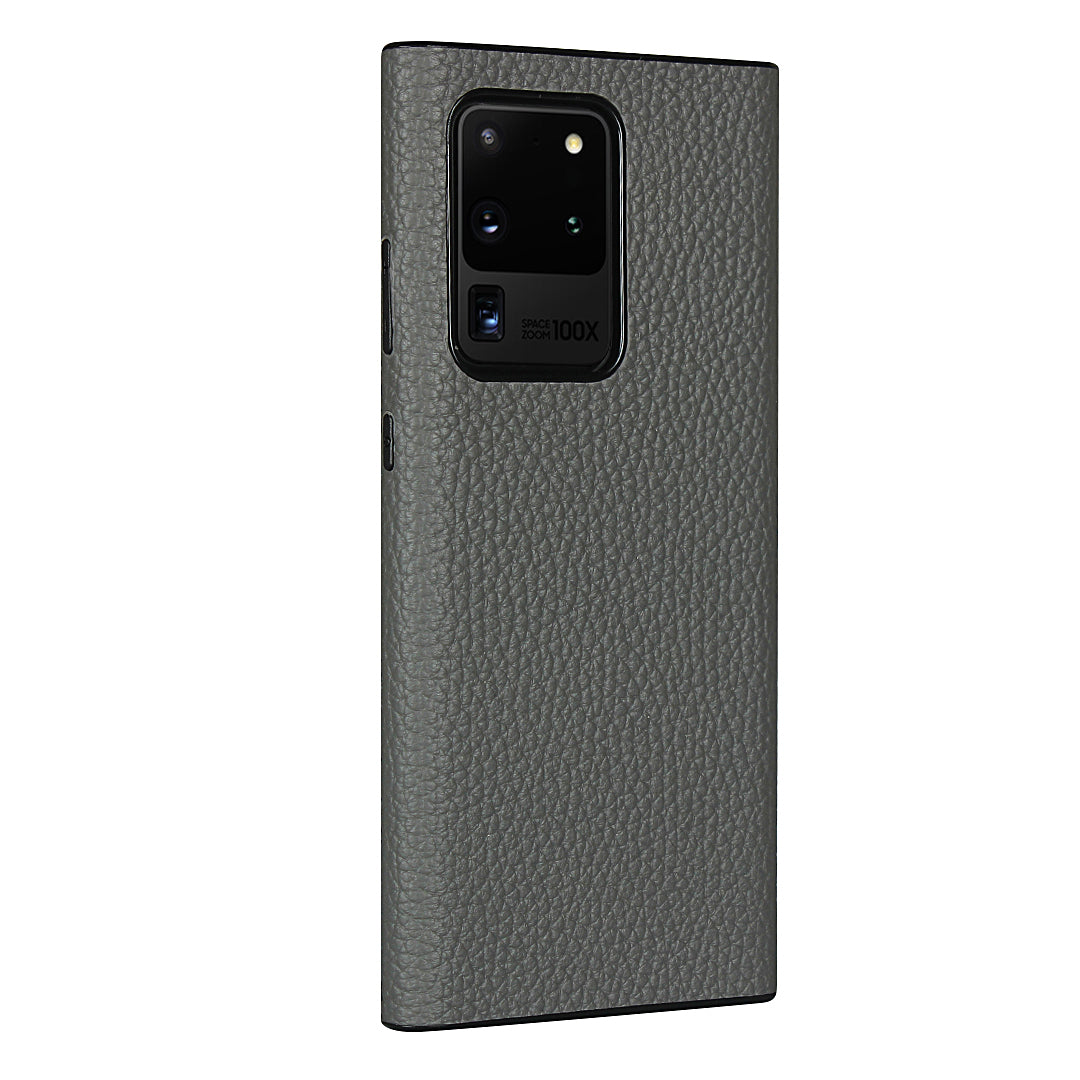 Litchi Skin Genuine Leather Coated TPU Phone Case [Black Lining] for Samsung Galaxy S20 Ultra - Grey