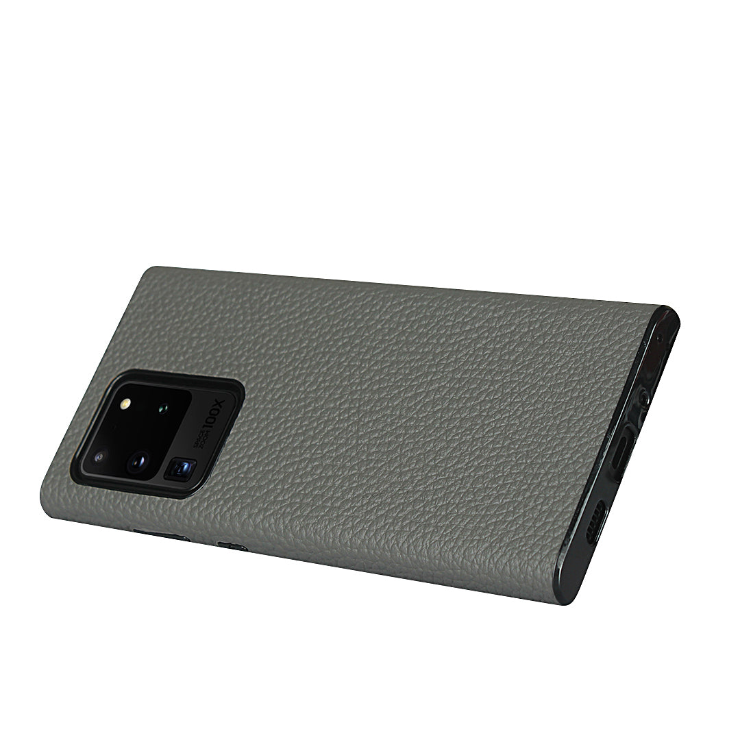 Litchi Skin Genuine Leather Coated TPU Phone Case [Black Lining] for Samsung Galaxy S20 Ultra - Grey