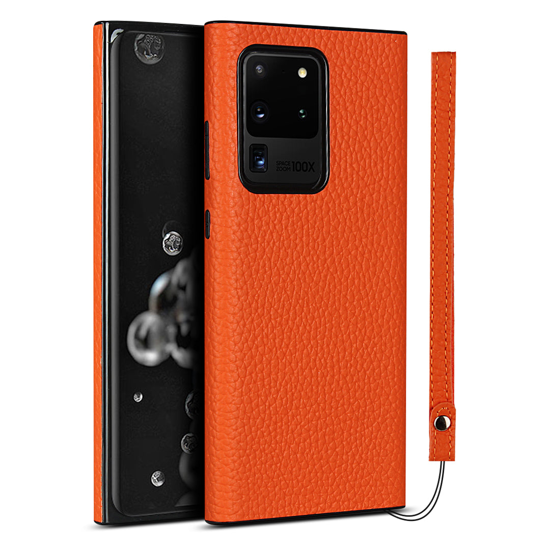 Litchi Skin Genuine Leather Coated TPU Phone Case [Black Lining] for Samsung Galaxy S20 Ultra - Orange