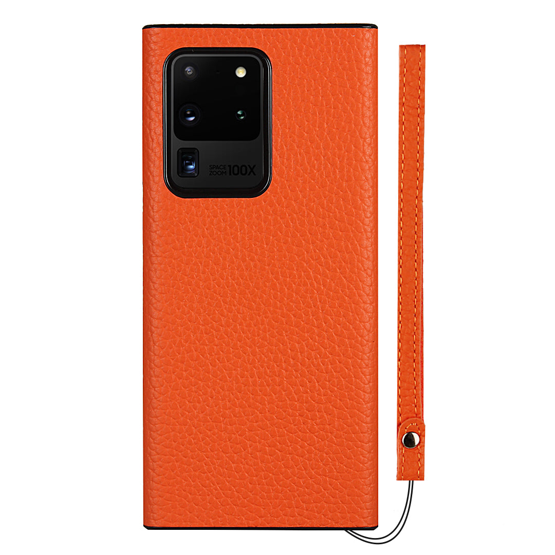 Litchi Skin Genuine Leather Coated TPU Phone Case [Black Lining] for Samsung Galaxy S20 Ultra - Orange