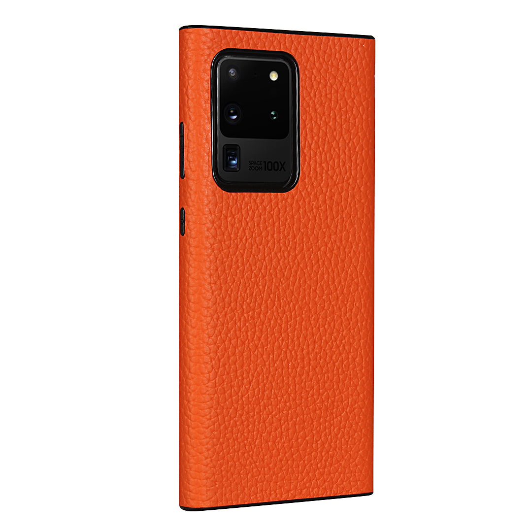 Litchi Skin Genuine Leather Coated TPU Phone Case [Black Lining] for Samsung Galaxy S20 Ultra - Orange